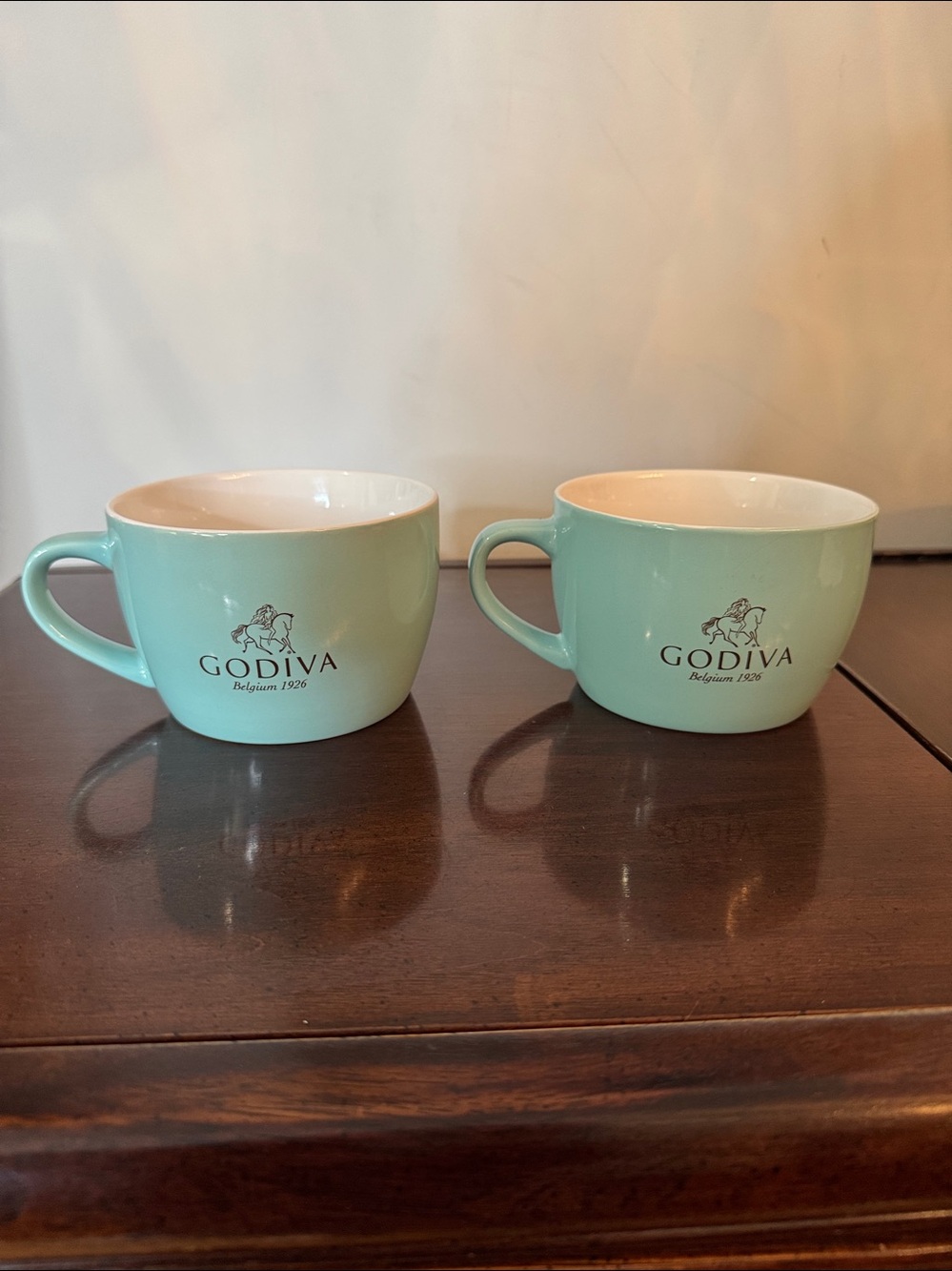 Set of 2 Godiva Teal Blue Cappuccino Latte Hot Chocolate Mugs Cups